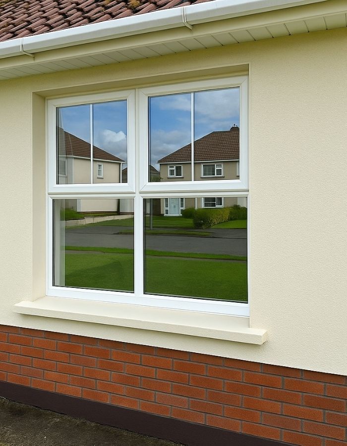 White window with vertical bars reflects houses and sky, set in a light cream wall above red brick.