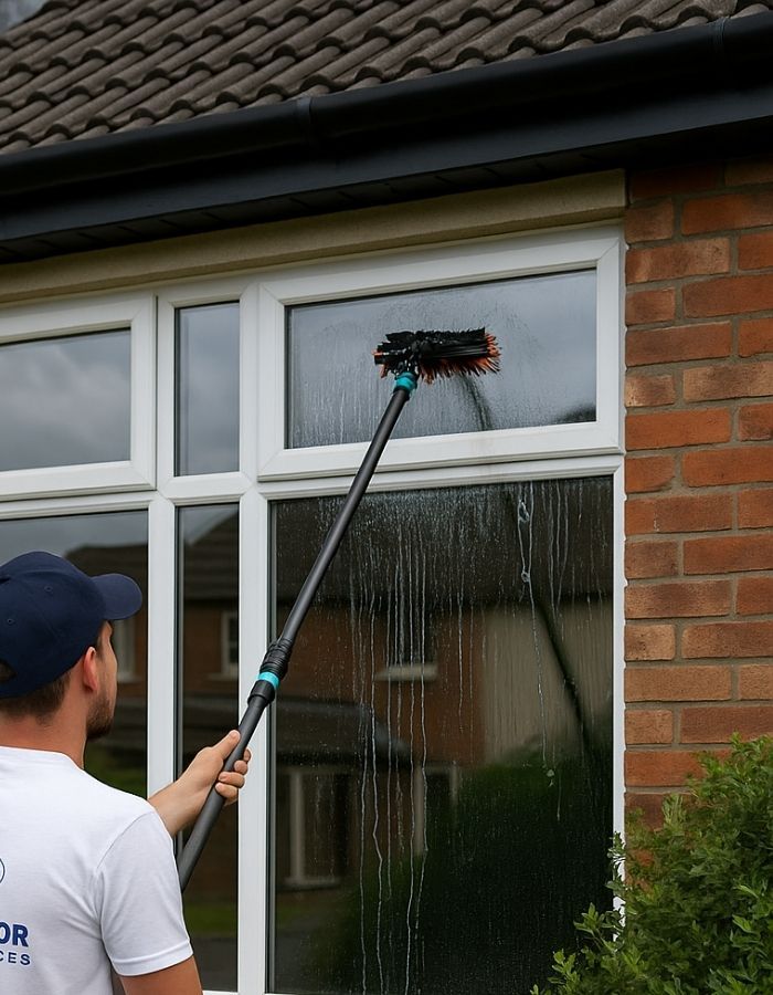 Man washing a window with a long-handled brush; brick house, blue cap, white t-shirt.