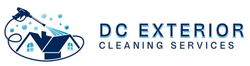 Logo of DC Exterior Cleaning Services: pressure washing a blue house.
