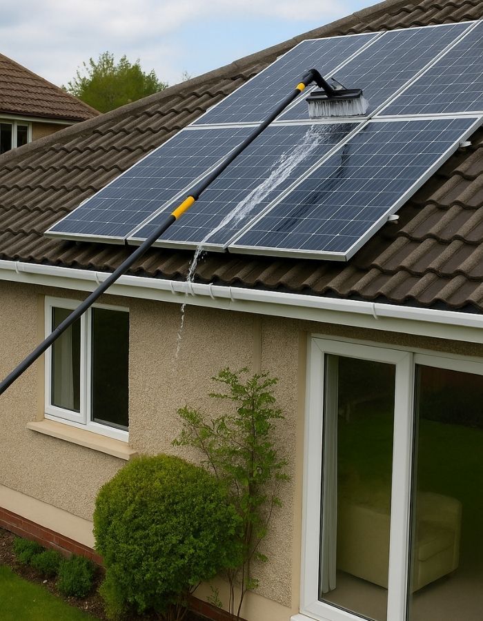 Person cleaning solar panels on a rooftop with a long-handled brush.