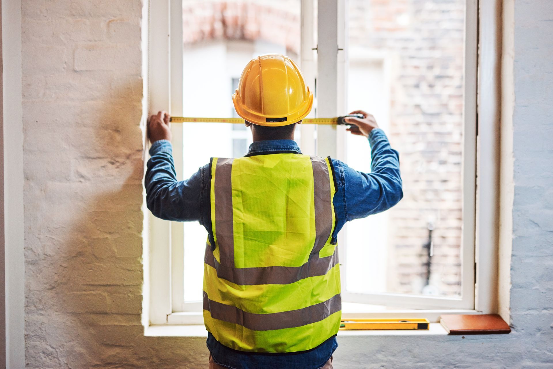 A construction worker is measuring a window with a tape measure.