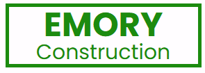 The logo for emory construction is green and white with a green frame.