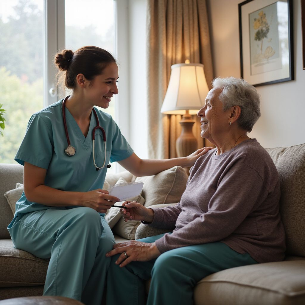 Nurse in scrubs smiles at an older adult on a couch, offering paperwork, indoor setting.
