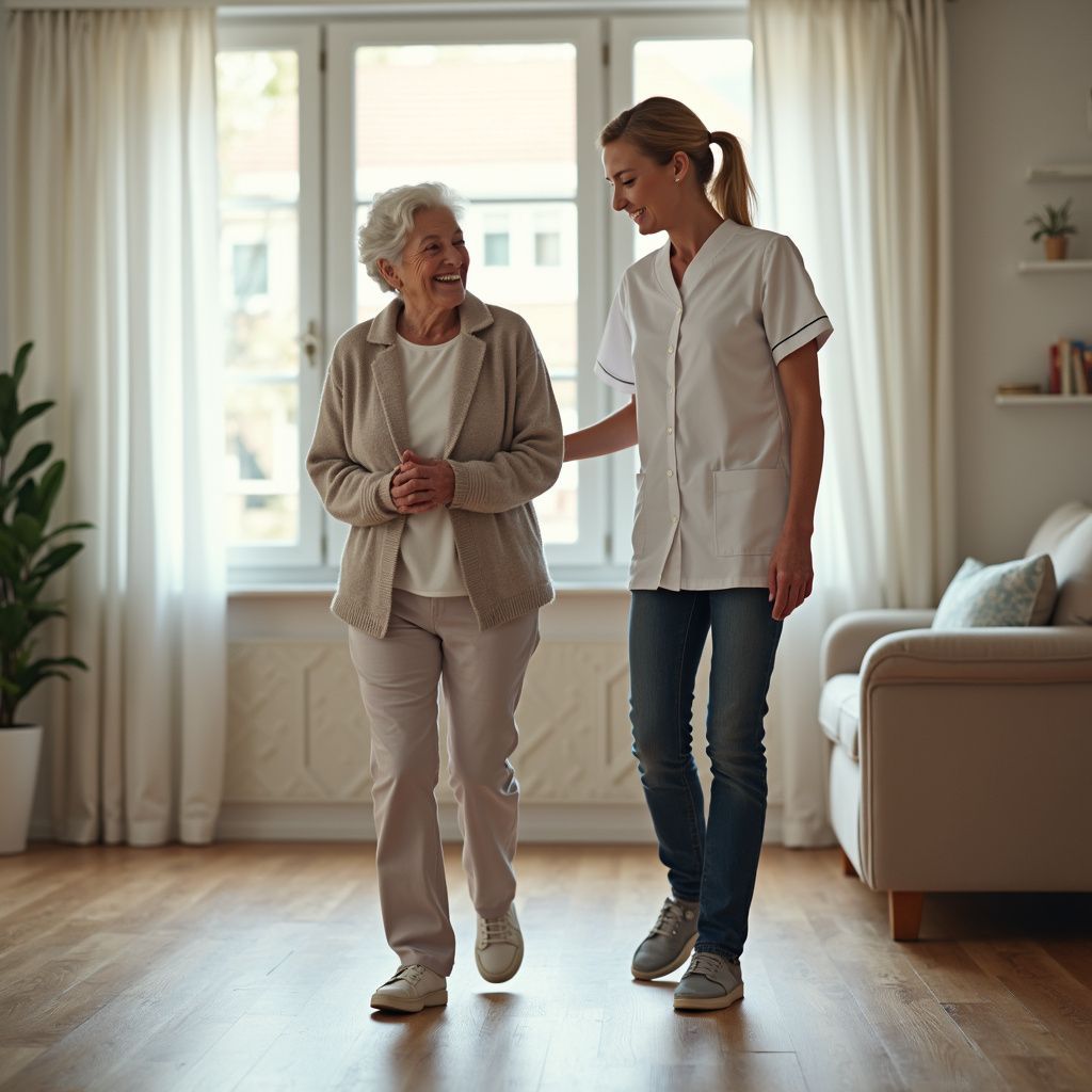 Woman assisted by caregiver walking in a home. The woman smiles, the caregiver touches her arm.