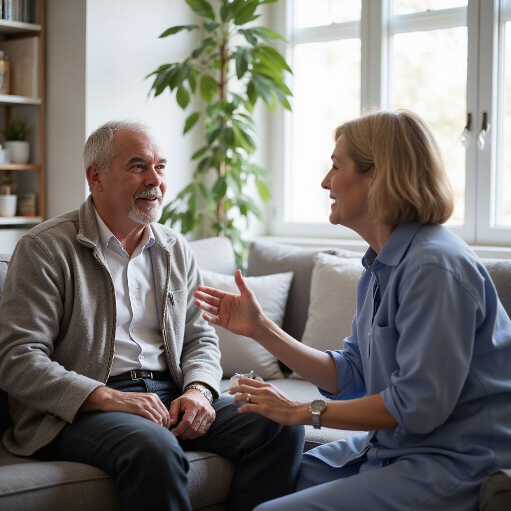 Man and woman sitting on a sofa, conversing in a living room. Woman gestures, man smiles.
