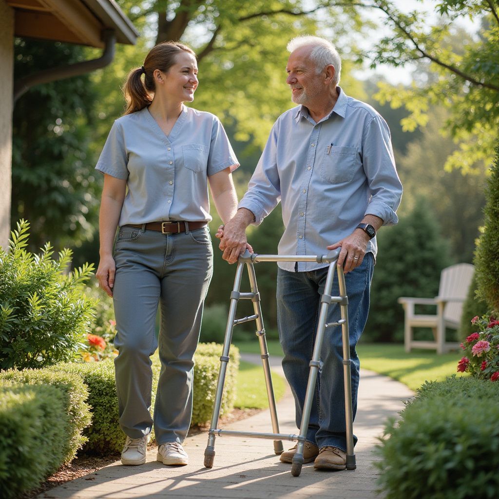 Woman assists man using a walker outdoors, holding hands while walking on a path.