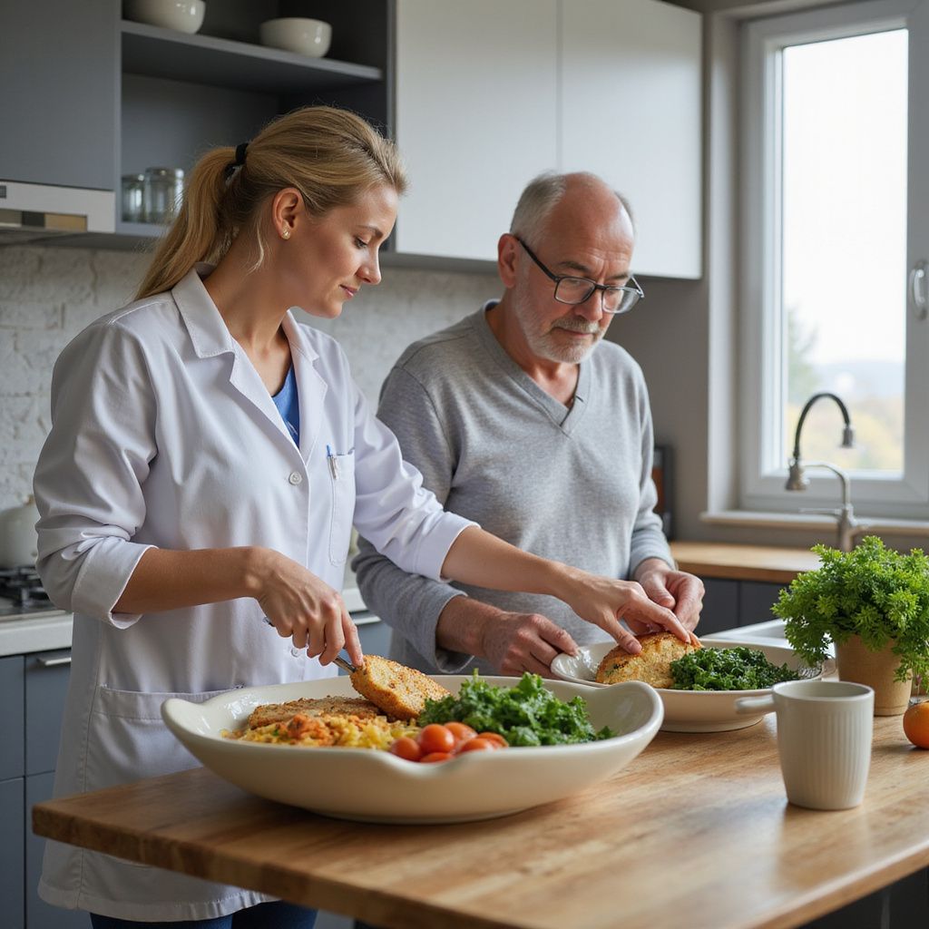 A person in a white coat and a man preparing food in a kitchen.