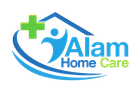 Alam Home Care logo: green cross, blue figure under a roof, blue swoosh, white text.