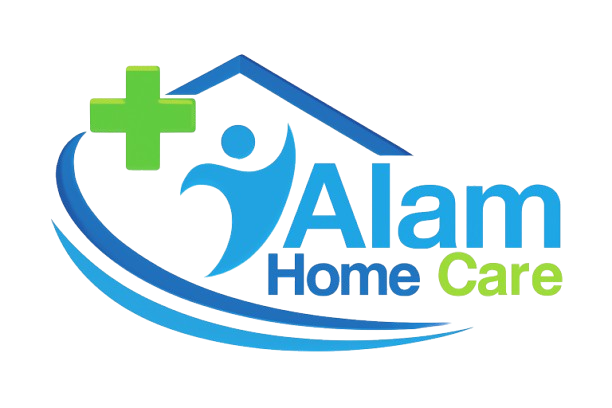 Alam Home Care logo: green cross, blue figure under a roof, blue swoosh, white text.