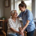 Caregiver smiles at an elderly person seated in a chair. Both are in a well-lit room.