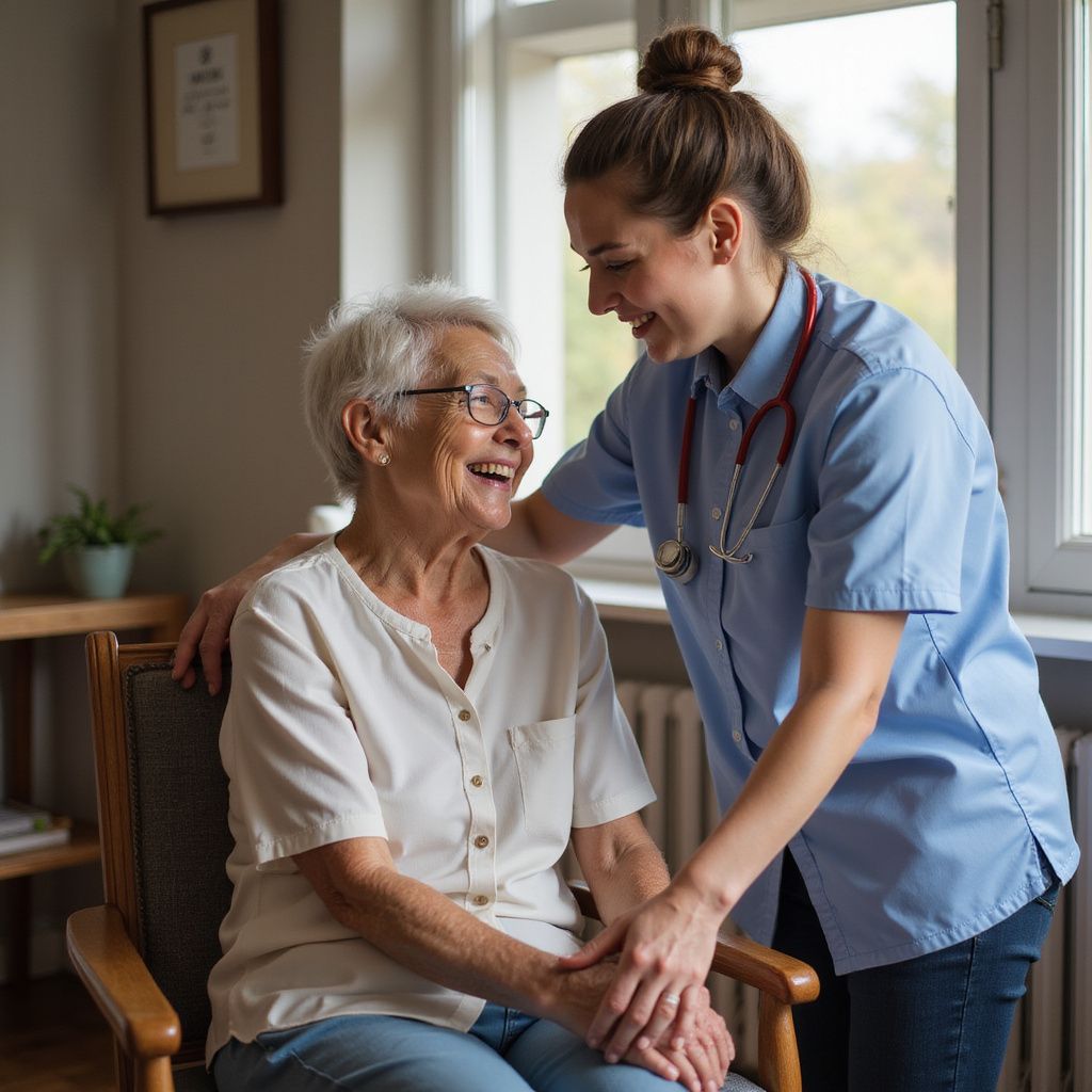 Caregiver smiles at an elderly person seated in a chair. Both are in a well-lit room.
