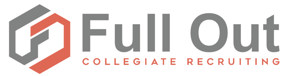 Logo for Full Out Collegiate Recruiting: gray and red geometric shape with 