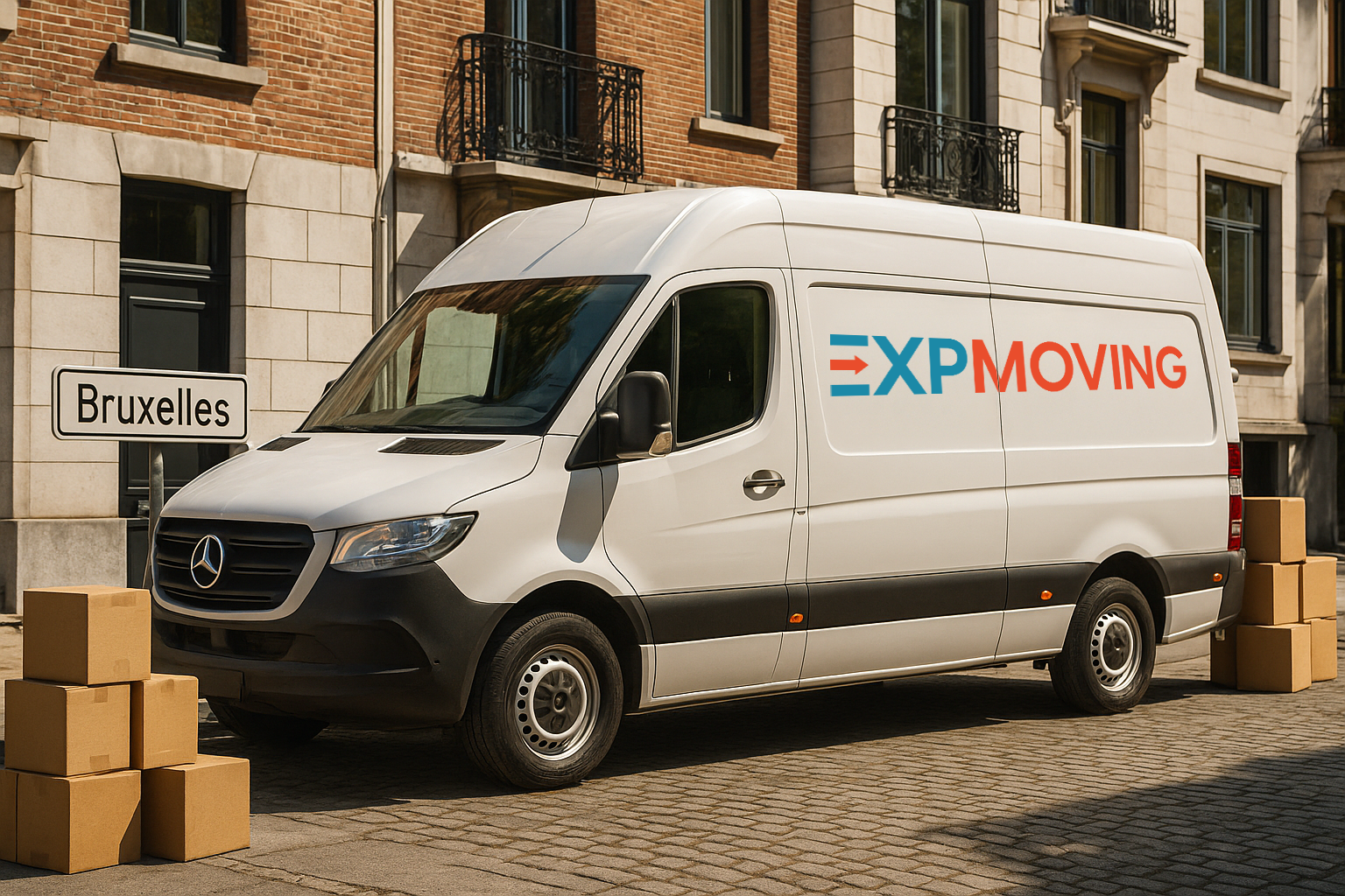 Camion de déménagement EXP MOVING blanc garé dans une rue pavée, à côté de cartons à Bruxelles.