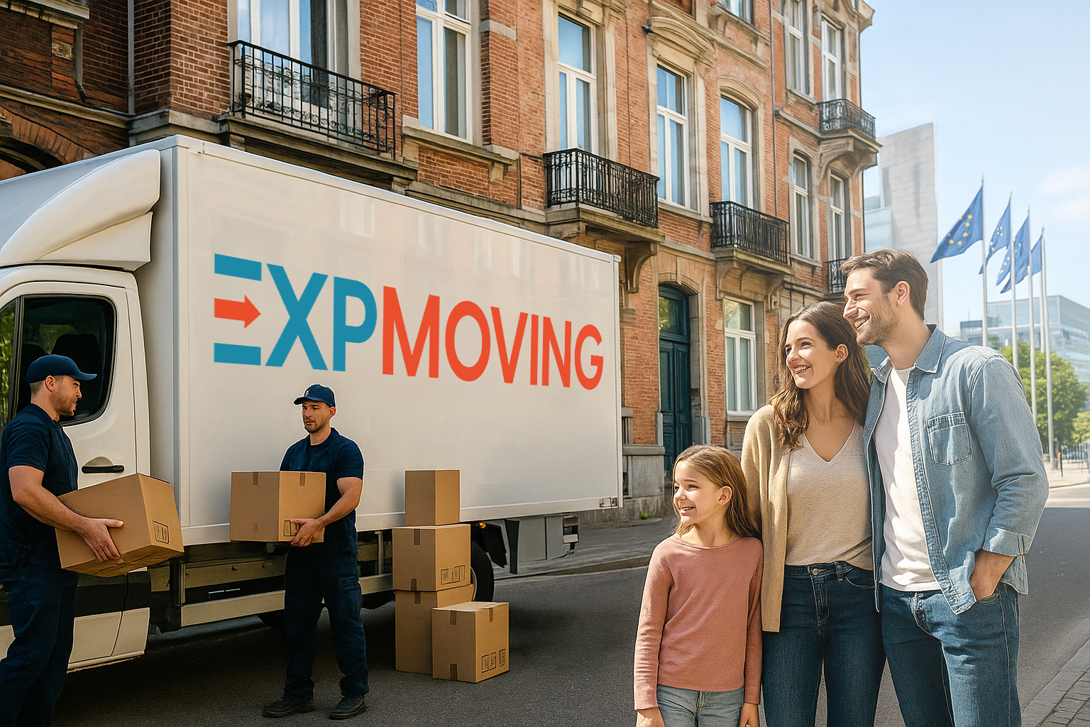 Famille à l'extérieur, regardant les déménageurs charger des cartons dans un camion « EXP MOVING » devant un bâtiment en briques.