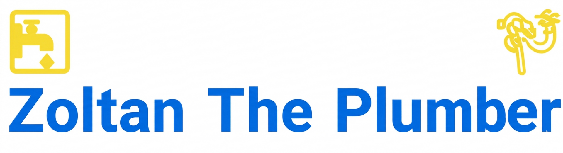 Logo for ZoltanThePlumber.com featuring yellow icons of a faucet and a plumbing snake next to blue text.