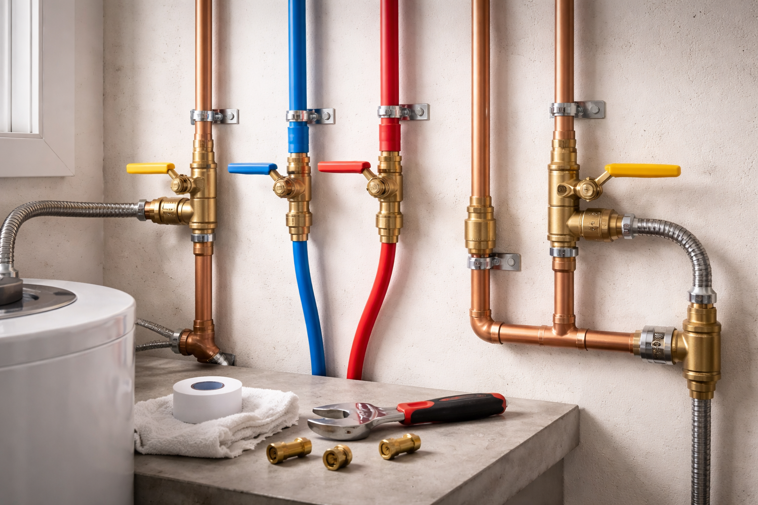 Outdoor water spigot with attached irrigation valve and wiring. Brown mulch in front.