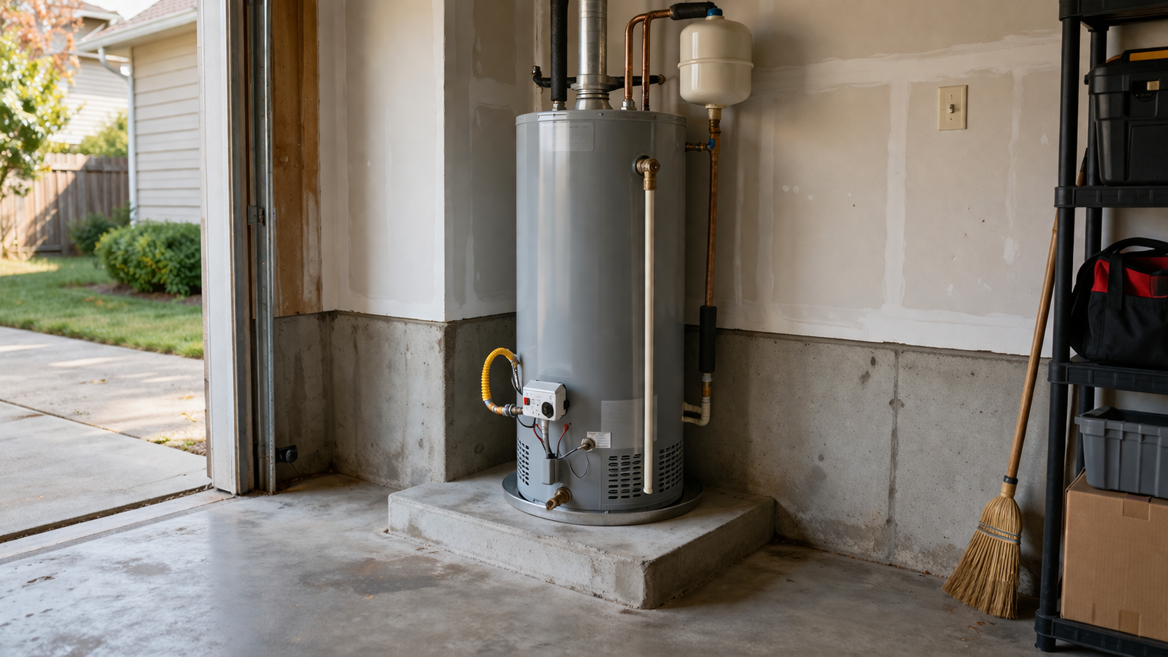 Plumber in gloves working on water heater and related pipes in a utility room.