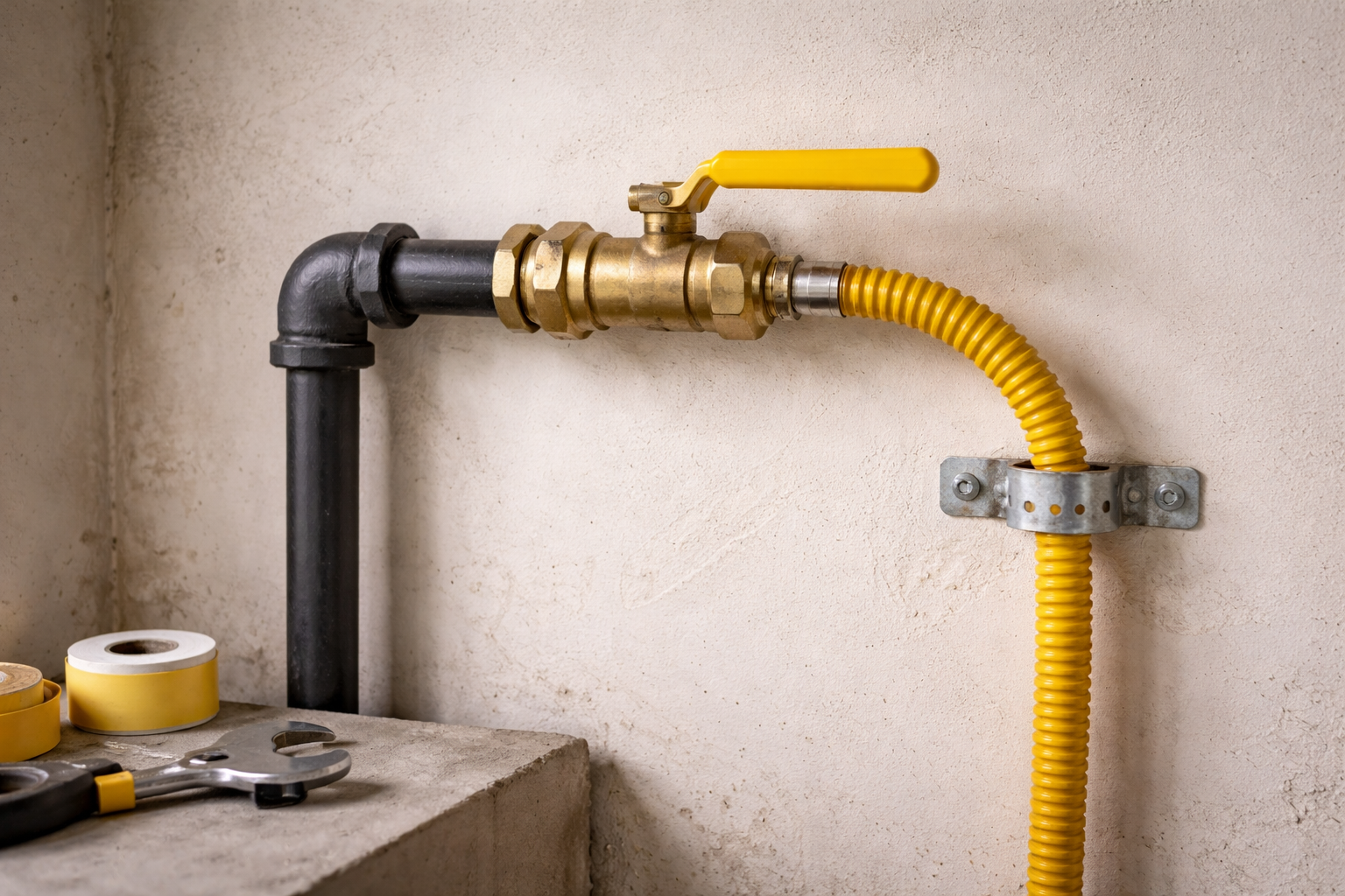 Outdoor water spigot with attached irrigation valve and wiring. Brown mulch in front.