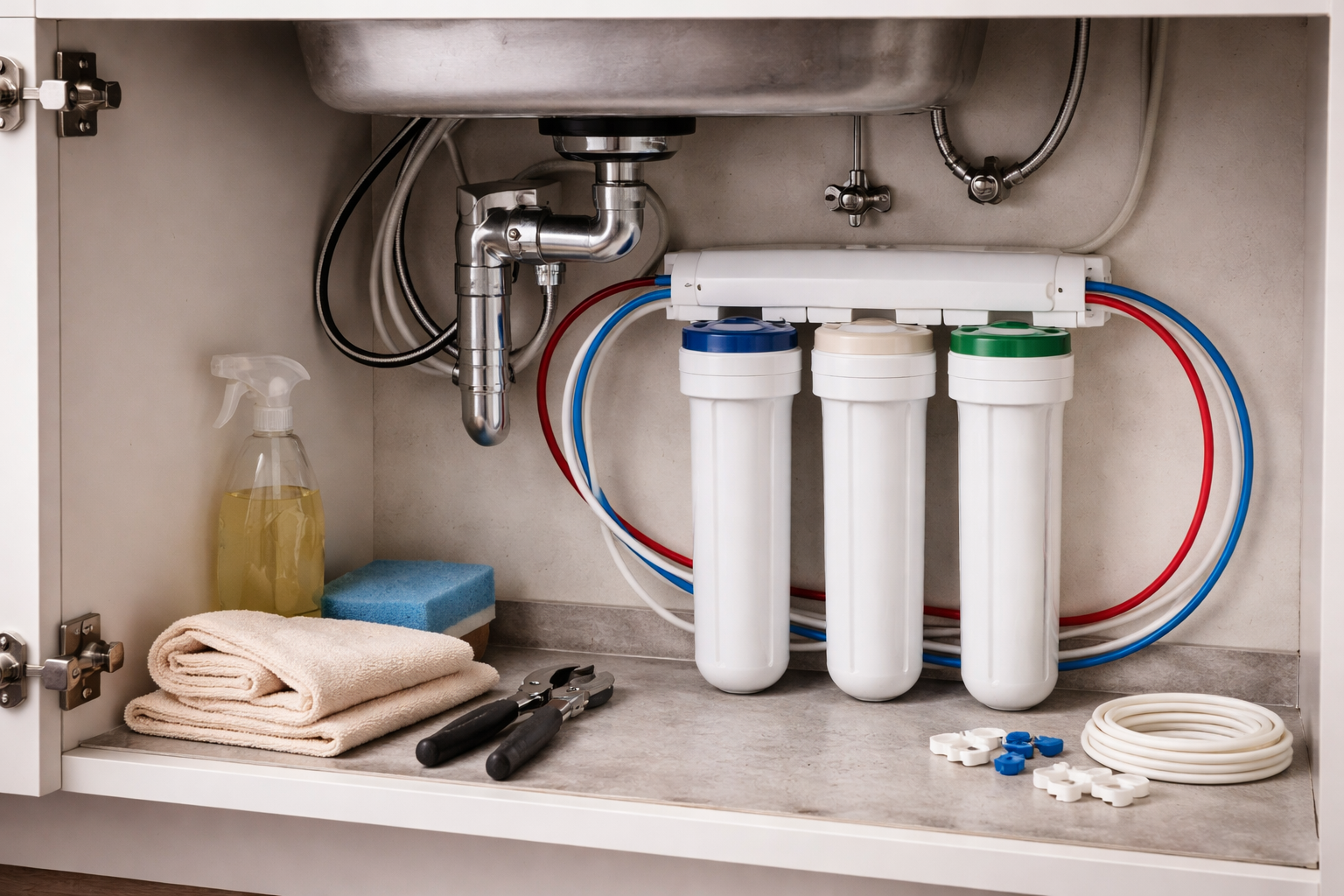 Plumber in gloves working on water heater and related pipes in a utility room.