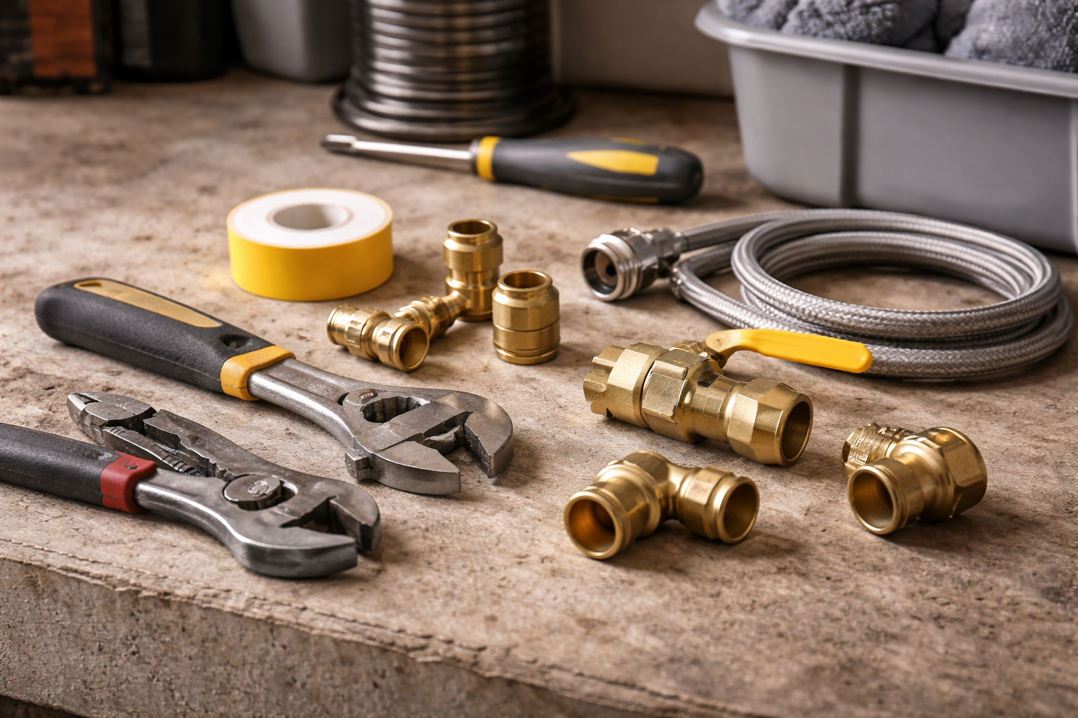 Plumber in gloves working on water heater and related pipes in a utility room.