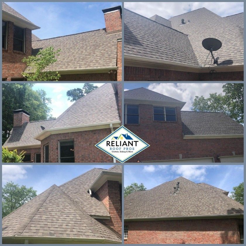 A collage of pictures of a roof with a reliant logo