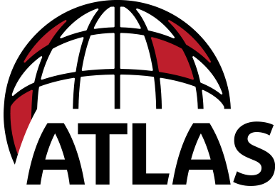 A black and red atlas logo with a globe in the middle
