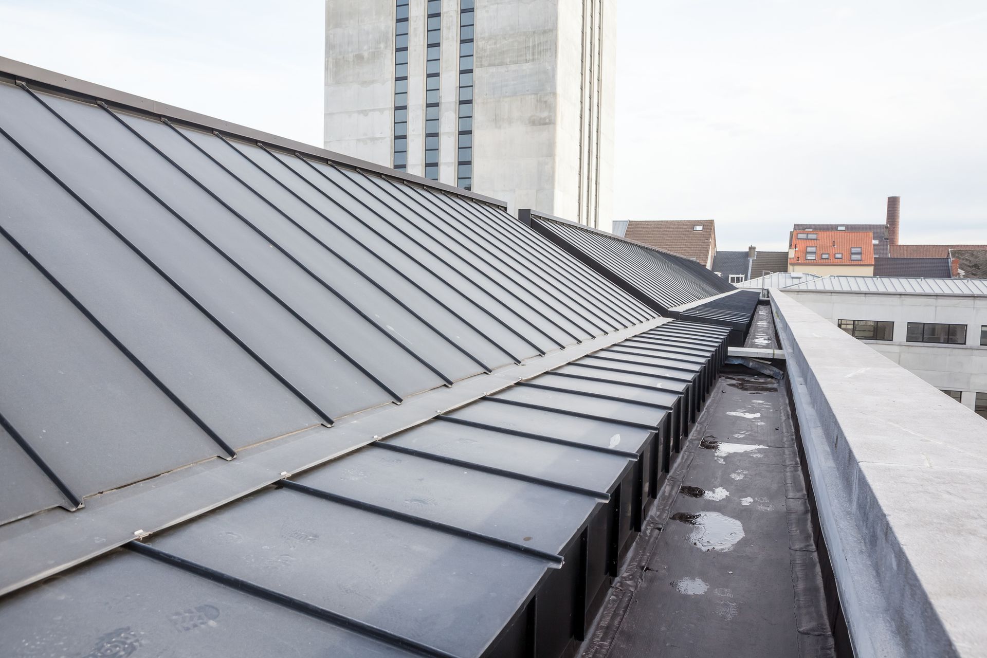 A close up of a roof of a building with a building in the background.