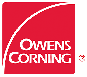 A red logo for owens corning with a white arrow
