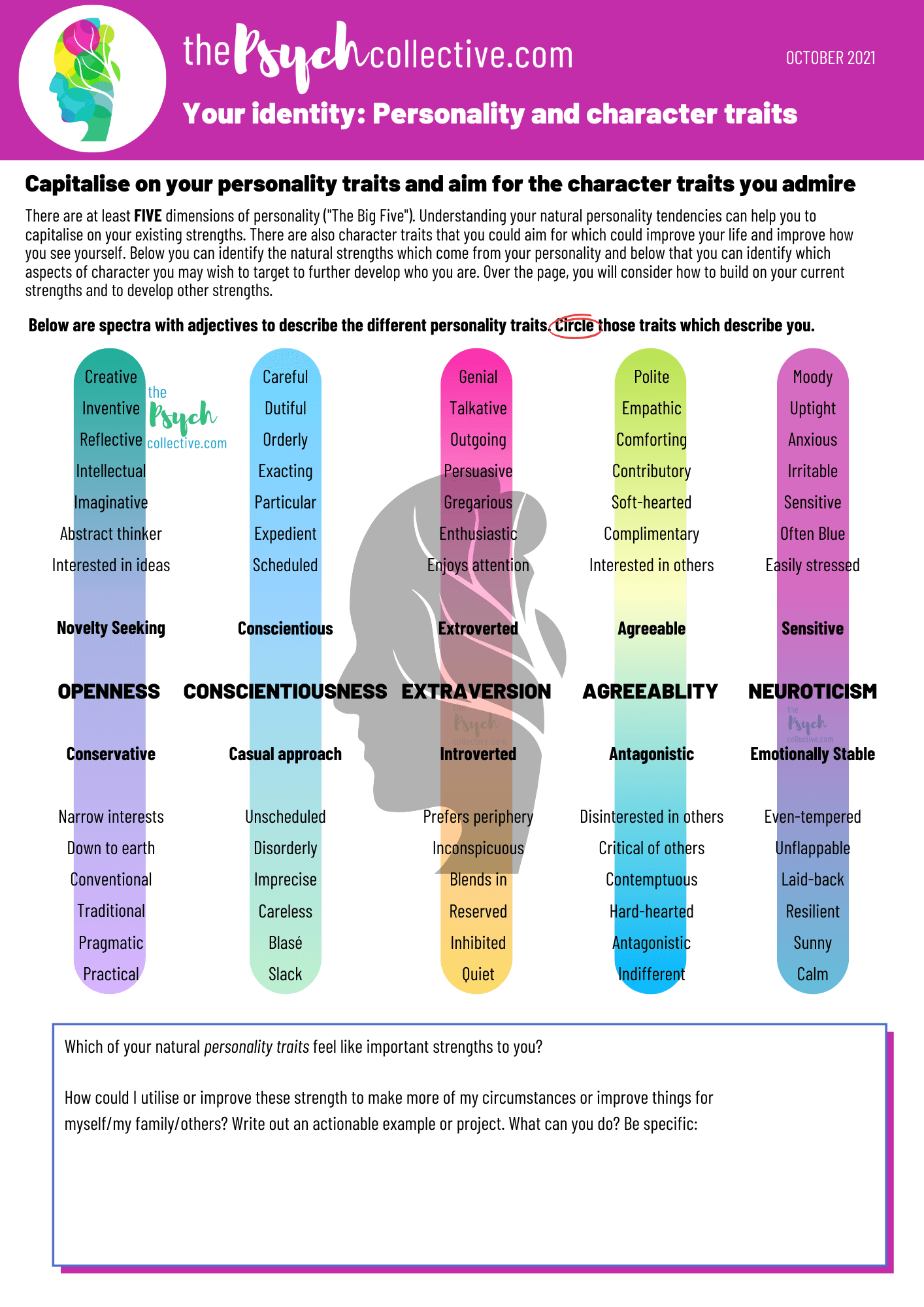Personality & Character Traits handout from The Psych Collective