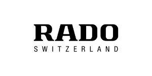 Ein schwarzweißes Logo für Rado Schweiz auf weißem Hintergrund.