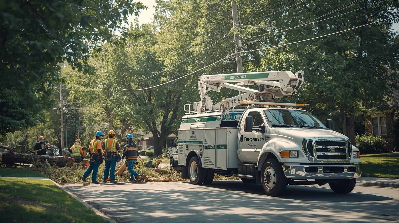 Utility workers and bucket truck clearing fallen tree from road.