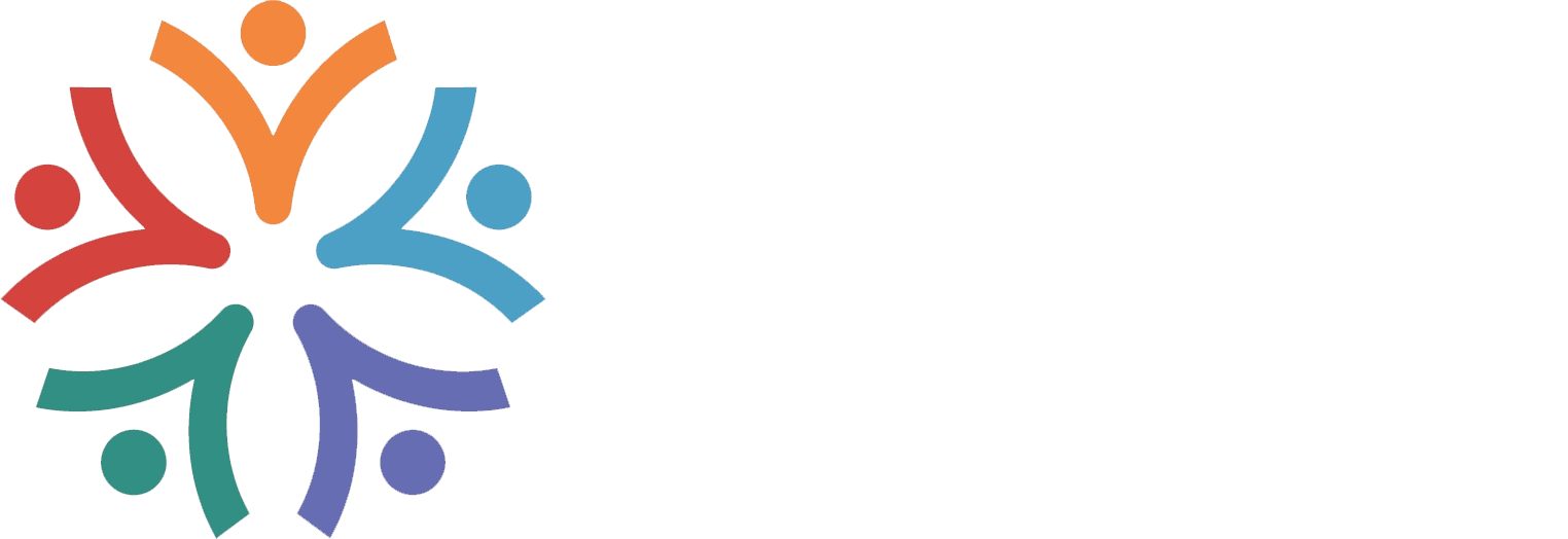 A colorful logo of people standing in a circle on a white background.