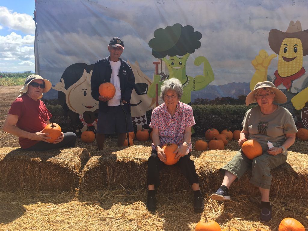 A group of people are sitting on bales of hay holding pumpkins.