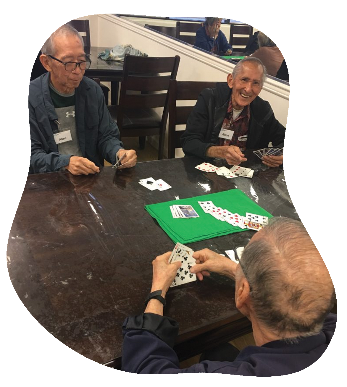 A group of men are sitting around a table playing cards.