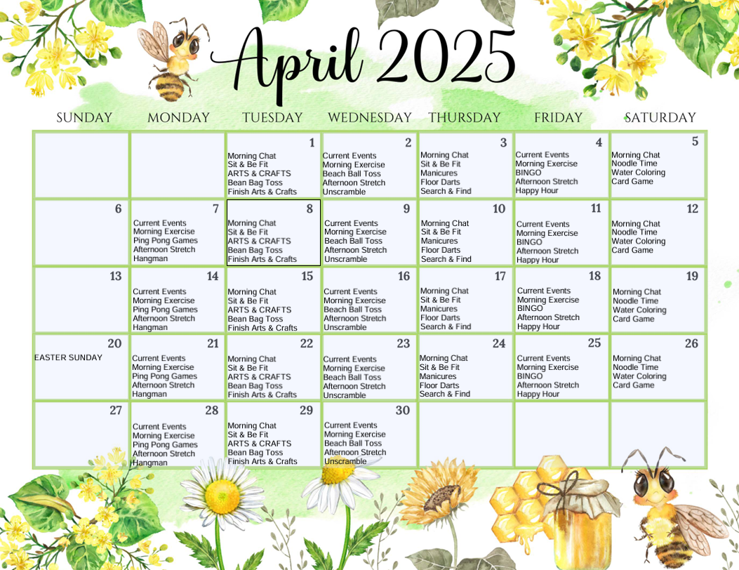 A calendar for april 2025 with flowers and bees on it.