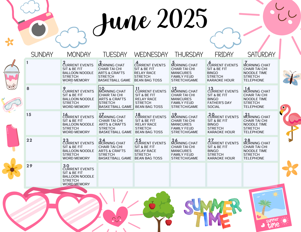 A calendar for june 2025 with hearts and flamingos on it
