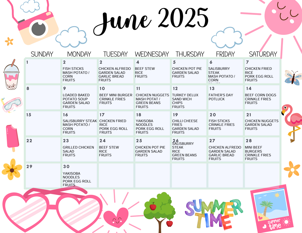 A calendar for june 2025 with hearts and flamingos on it