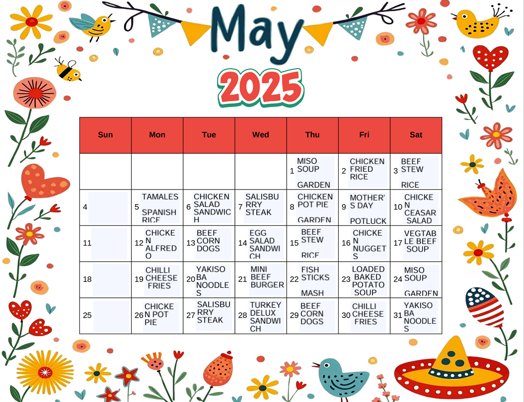 A calendar for may 2025 with flowers and birds on it