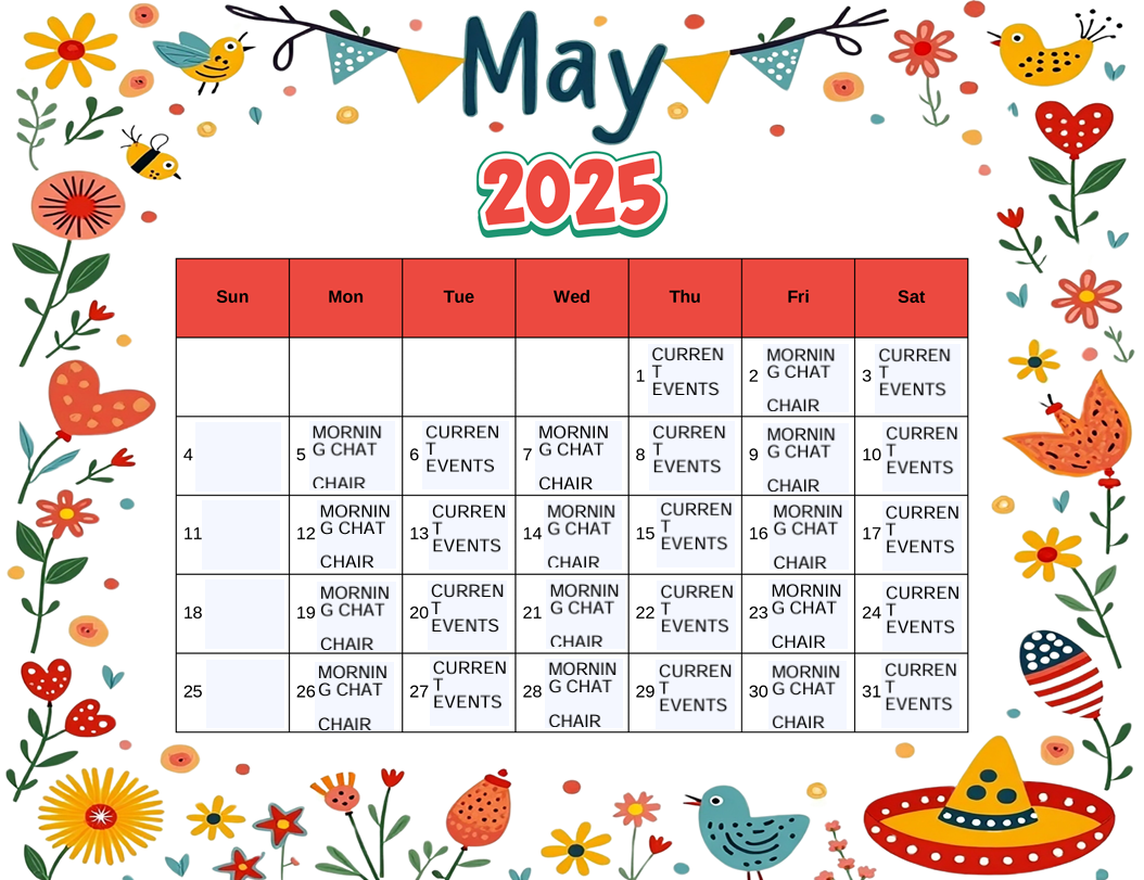 A calendar for may 2025 with flowers and birds on it