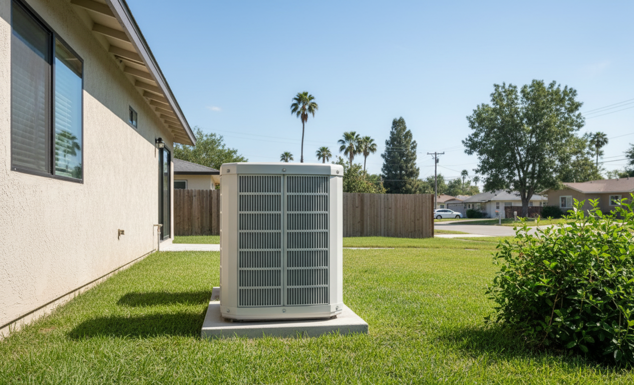 Air conditioning unit on a concrete pad in a grassy backyard, beige house, blue sky, and fence in the background.