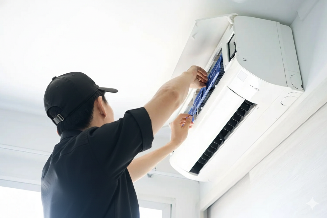 Person in black shirt and cap cleaning a wall-mounted air conditioner filter.
