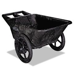 A black wheelbarrow is sitting on a white surface.