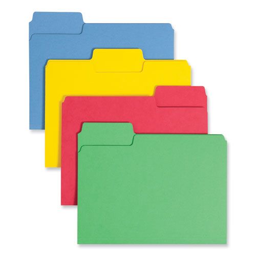 Four different colored folders are stacked on top of each other