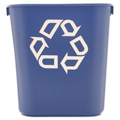 A blue recycling bin with a white recycling symbol on it.