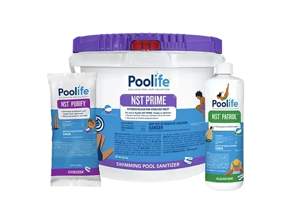 A bucket , a bag , and a bottle of pool life nst prime swimming pool sanitizer.