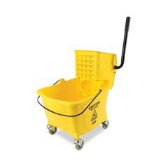 A yellow mop bucket with wheels and a black handle on a white background.