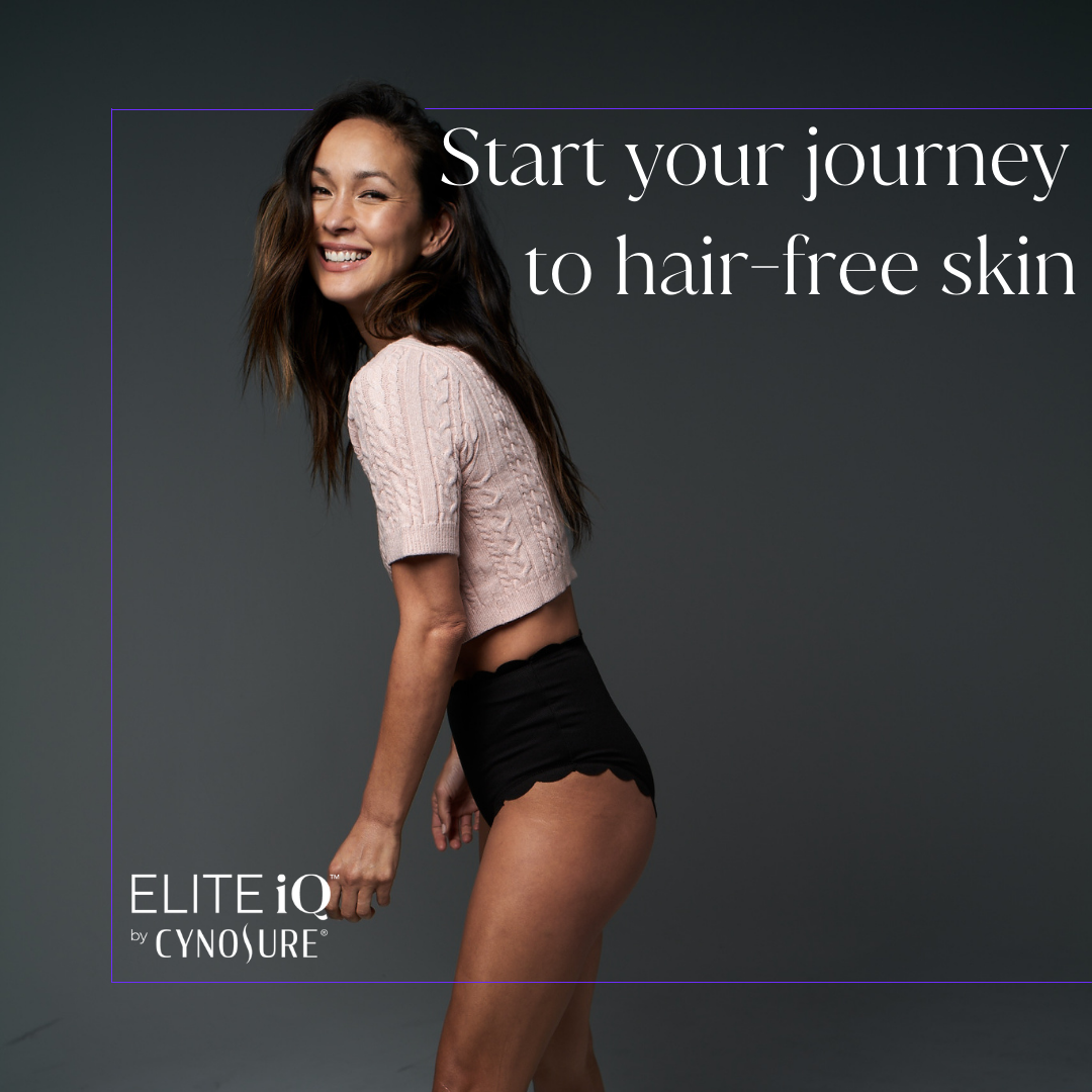 A woman in a crop top and black shorts is smiling and says start your journey to hair free skin.