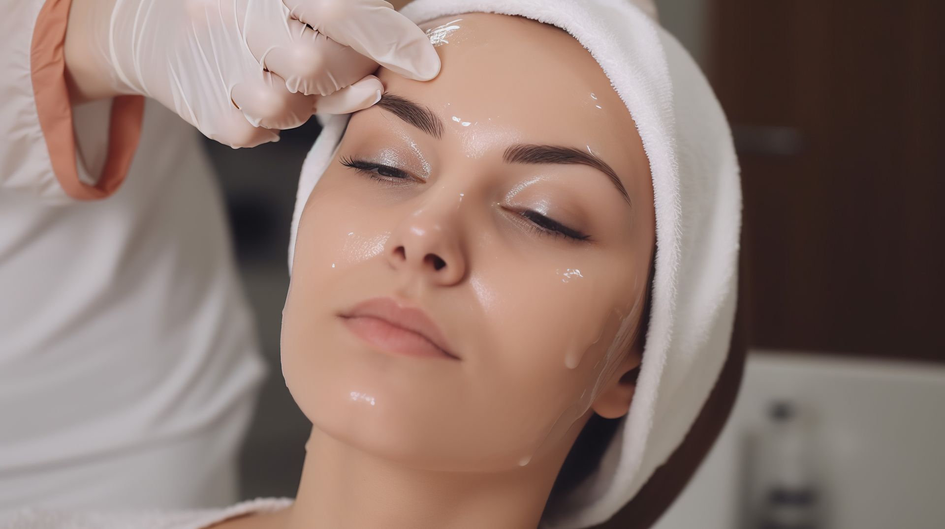 A woman is getting a facial treatment at a beauty salon.