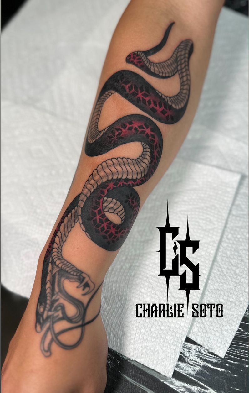 Tattoo of a black and red snake coiled on a person's arm. Artist signature below: