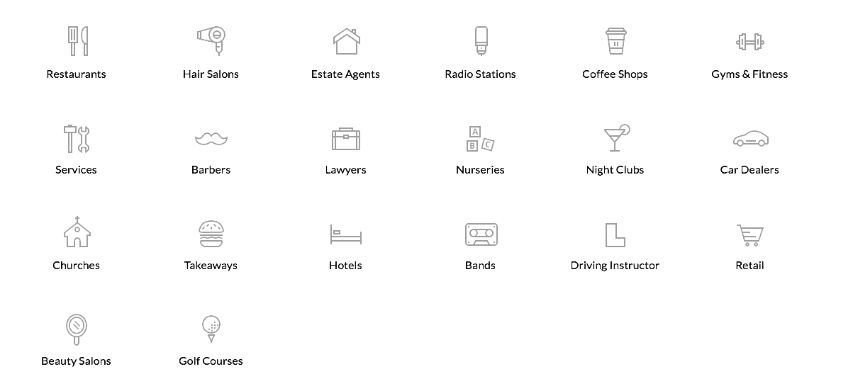 Collection of outlined icons, possibly for a website or app, depicting various objects and concepts.